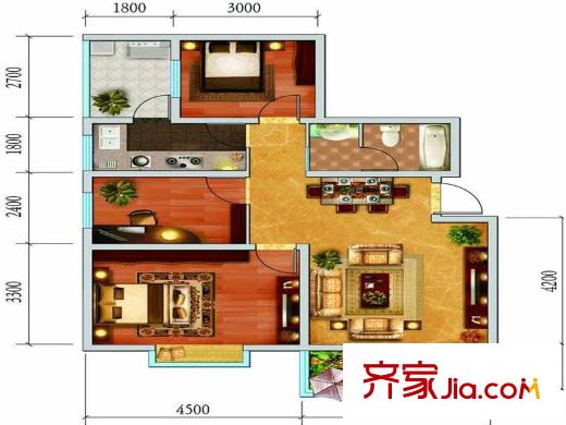 假日尚岛花园户型图A-1户型 3室2厅1卫1厨