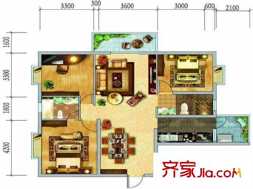 假日尚岛花园户型图A-3户型 3室2厅1卫1厨