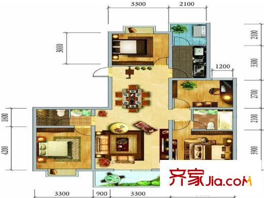 假日尚岛花园户型图A-5户型 4室2厅2卫1厨