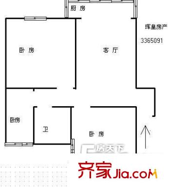 上海沙龙三期户型图2 3室2厅1卫1厨