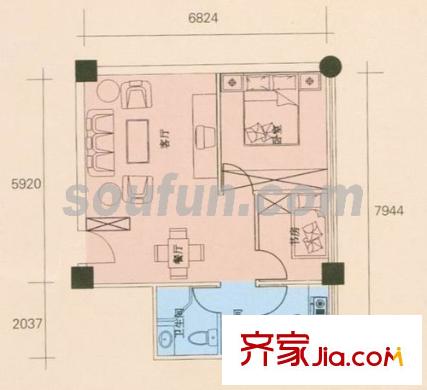 桔尚公寓户型图D 2室2厅1卫1厨