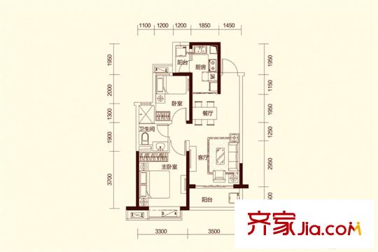 恒大云报华府1号楼C/D户型图 2室2厅1卫1厨