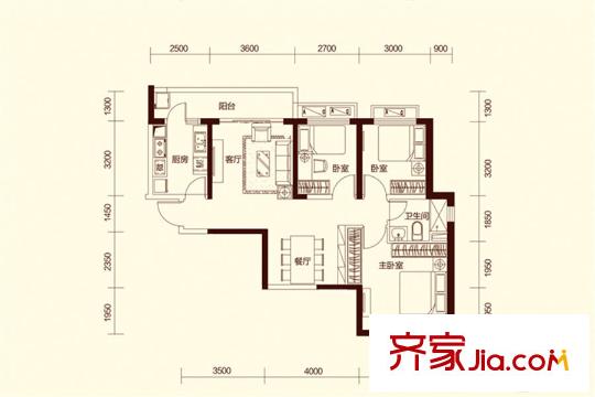 恒大云报华府1号楼A/F户型图 3室2厅1卫1厨