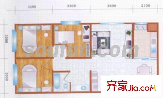 西西里和园小区户型图G 3室2厅1卫1厨