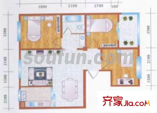 西西里和园小区户型图F 3室2厅1卫1厨