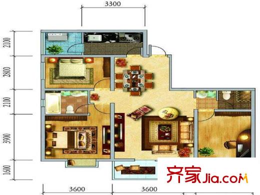 假日尚岛花园户型图A-4户型 3室2厅2卫1厨