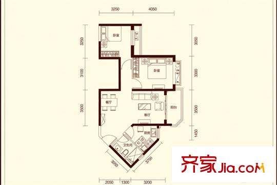 恒大云报华府2号楼B/E户型图 2室2厅1卫1厨