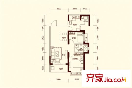 恒大云报华府1号楼B/E户型图 2室2厅1卫1厨