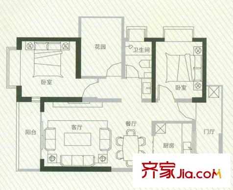 朝花曦拾之联邦国际中心 2室 户型图