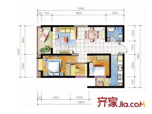 银海尚御户型图3D户型 3室2厅1卫1厨