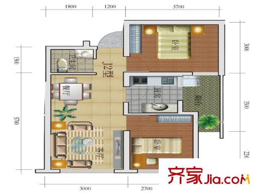 耀兴枫丹白露20栋J-2/J-3户型 2室2厅1卫1厨
