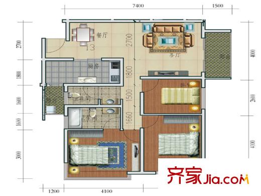耀兴枫丹白露18.19栋I-3户型 3室2厅2卫1厨