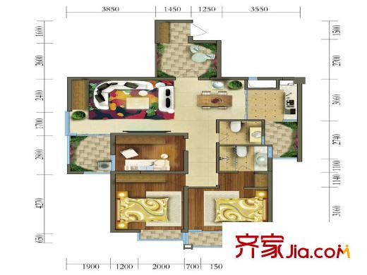 耀兴枫丹白露18、19栋I-2户型 3室2厅1卫1厨