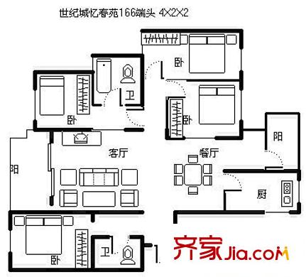 世纪城忆春苑户型图亿春苑 4室 户型图 4室2厅2卫1厨