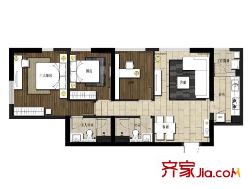 七彩俊园A户型 3室2厅2卫1厨