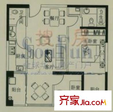 时光俊园户型图D户型 2室3厅2卫1厨