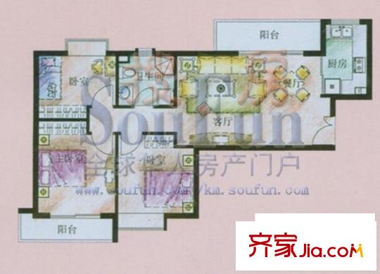 玫瑰湾户型图GD1 2-10户型 3室2厅1卫1厨