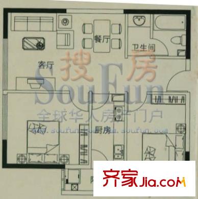 时光俊园户型图D1户型 2室2厅2卫1厨