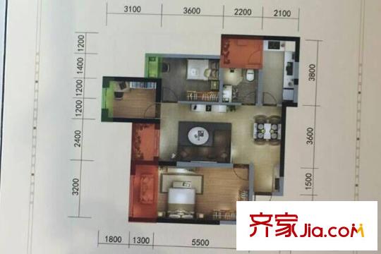 俊发城F户型 3室2厅1卫1厨