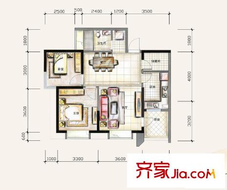 龙江雅苑户型图E户型 2室2厅1卫1厨