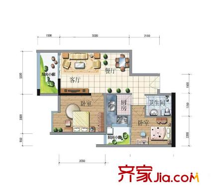 同德昆明广场2-C6户型 2室2厅1卫1厨