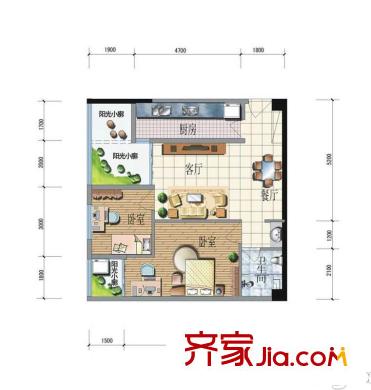 同德昆明广场1-C5户型 2室2厅1卫1厨
