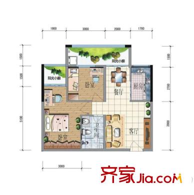同德昆明广场1-C3户型 2室2厅1卫1厨