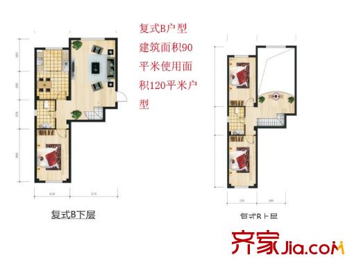 哈东上城户型图复式B户型 3室2厅1卫1厨