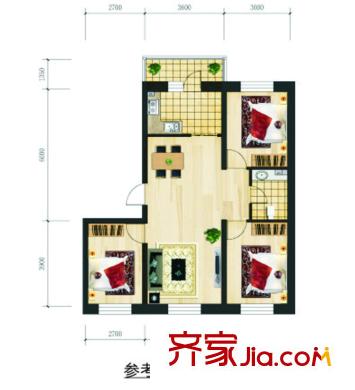 哈东上城户型图多层B户型 3室2厅1卫1厨