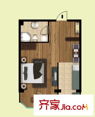 海都华庭高层F户型 1室1厅1卫1厨
