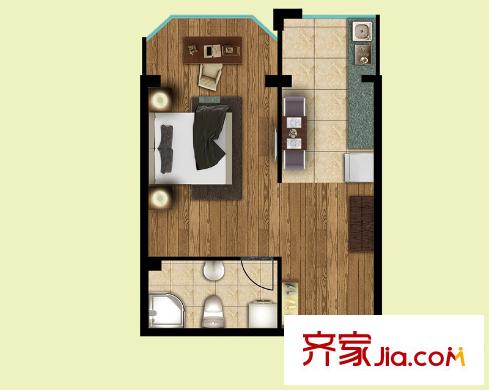 海都华庭高层D户型 1室1厅1卫1厨