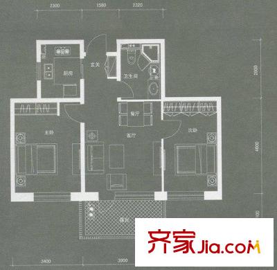 万科新里程户型图双橙色 2室1厅1卫