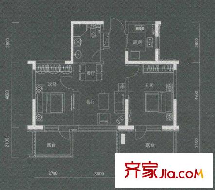 万科新里程户型图鲜亮橙 2室2厅