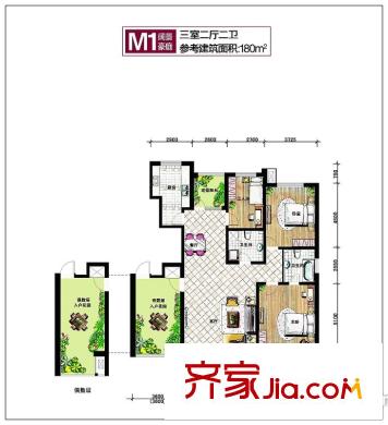 坤泰新界户型图M1户型 3室2厅2卫1厨