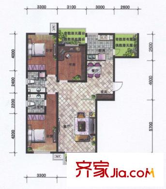坤泰新界户型图K1户型 3室2厅2卫1厨