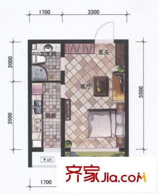 坤泰新界户型图H2户型 1室2厅1卫1厨