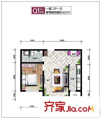 坤泰新界户型图Q1户型 1室2厅1卫1厨