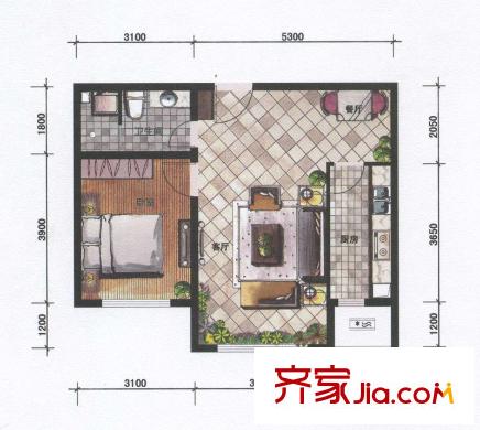 坤泰新界户型图Q1户型 1室2厅1卫1厨