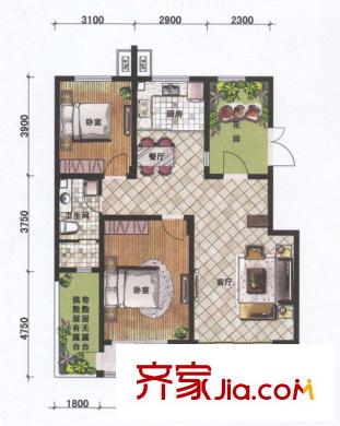 坤泰新界户型图P1户型 2室2厅1卫1厨