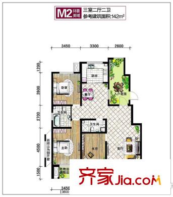 坤泰新界户型图M2户型 3室2厅2卫