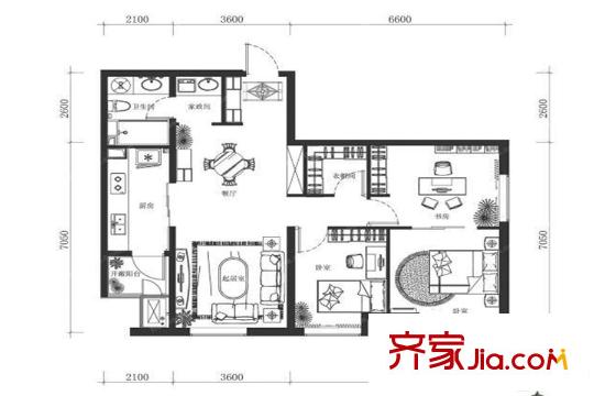 万科春河里一期D户型 3室2厅2卫1厨