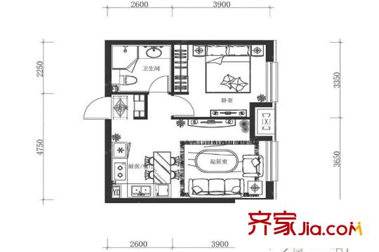 万科春河里一期C户型 1室1厅1卫1厨