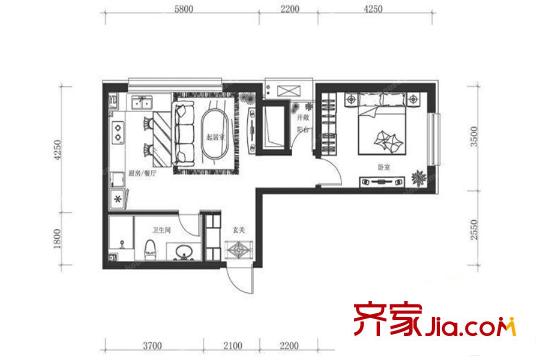 万科春河里一期B户型 1室1厅1卫1厨