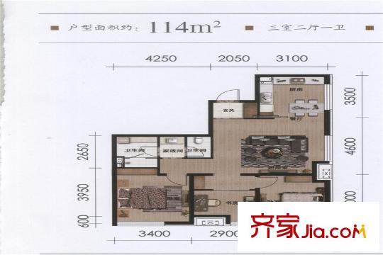 万科春河里11#114平户型 3室2厅1卫1厨