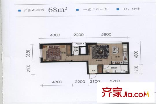 万科春河里1#5#68平户型 1室2厅1卫1厨