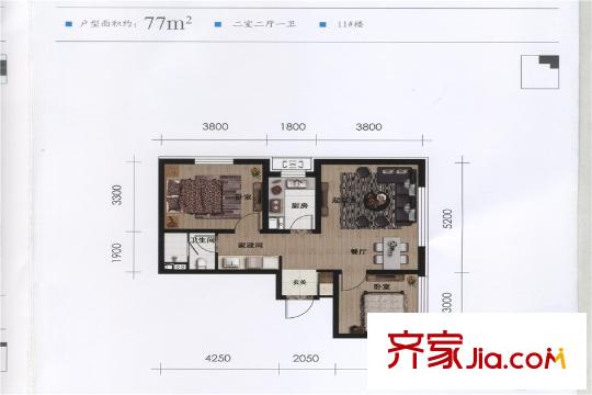 万科春河里11#77平户型 2室2厅1卫1厨