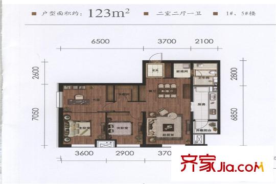 万科春河里1#5#123平户型 2室2厅1卫1厨