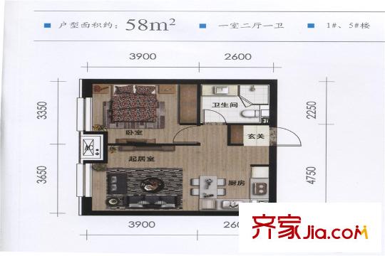 万科春河里1#5#58平户型 1室2厅1卫1厨