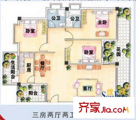 佳信・红林新都阳光海岸户型图极品90平方米户型 3室2厅2卫1厨