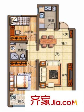 蓝钻庄园一期高层A1户型 2室2厅1卫1厨